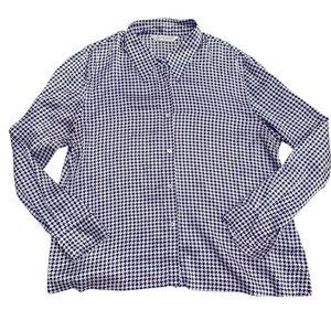 Austin Reed Navy Ivory Houndstooth Blouse Size Large Chic Classic Button Up